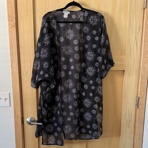 iHeartRaves Black Sheer Kimono Cardigan with White Sun Print